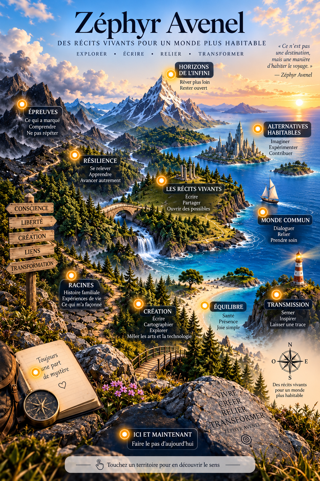 Carte sensible de l’univers de Zéphyr Avenel : épreuves, résilience, horizons de l’infini, alternatives habitables, récits vivants, monde commun, racines, création, équilibre, transmission, mystère et ici et maintenant.